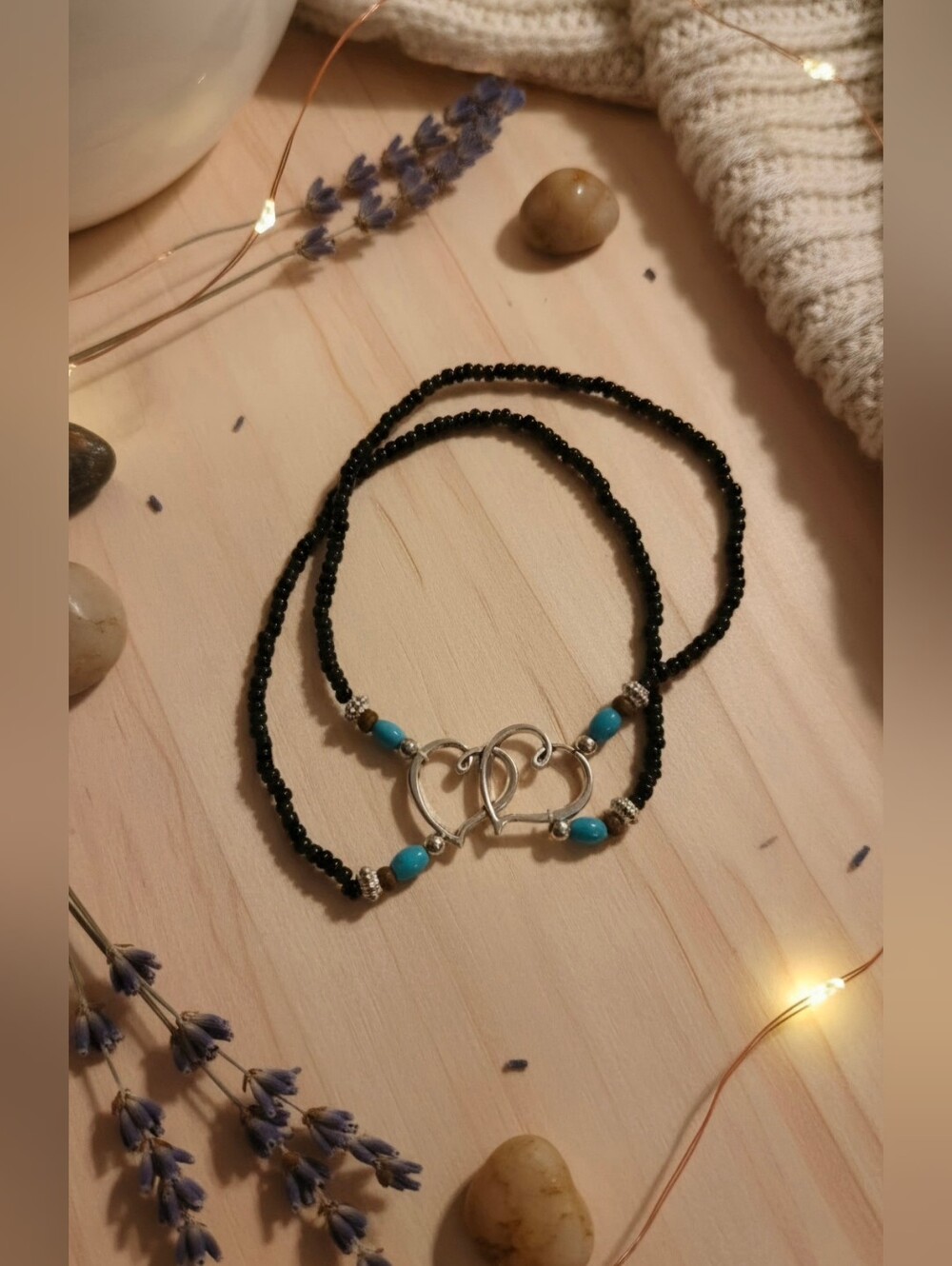 Black Seed Bead & Turquoise Accent Double Heart Layered Anklet